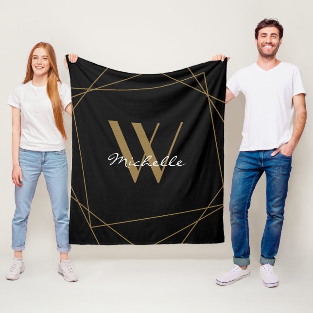 Elegant Black Guld Monogram Namn-skript Geometric Fleecefilt (På plats)