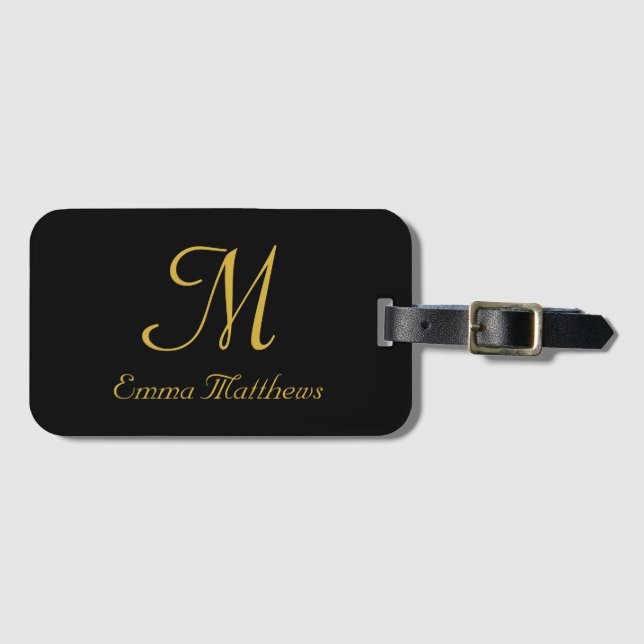 Elegant Black & Guld Monogram Namn Travel Helgdag Bagagebricka (Framsida horisontal)