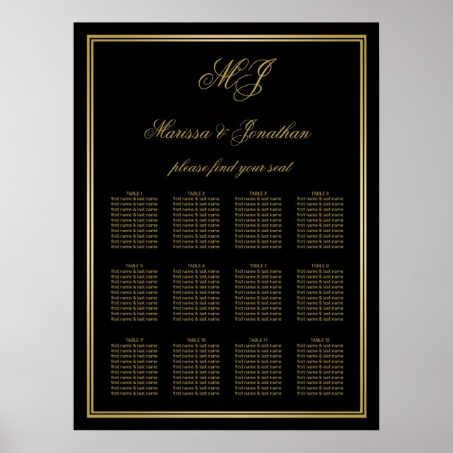 Elegant Black Guld Monogram Ram Bröllop säten Poster (Framsidan)
