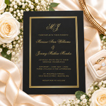Elegant Black Guld Monogram Script Bröllop