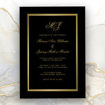 Elegant Black Guld Monogram Script Bröllop Inbjudningar<br><div class="desc">Inbjudan era gäster i bröllop i stil med den här eleganten svart och guld monograminbjudan till anpassningsbar. Chicens design har klassiskt monogram initialer i faux guld calligraphy-skript tillsammans med all information om bröllop för att anpassa kantad med en glansig faux guld ram mot en enkel svart bakgrund. Bästa önskemål för...</div>