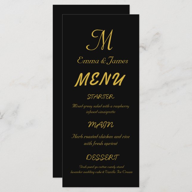 Elegant Black & Guld Monogram Script Bröllop Meny (Fram/baksida)