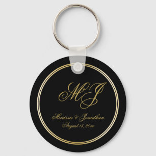 Elegant Black Guld Monogram Script Bröllop Nyckelring