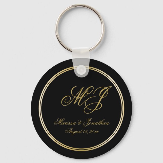 Elegant Black Guld Monogram Script Bröllop Nyckelring (Framsida)
