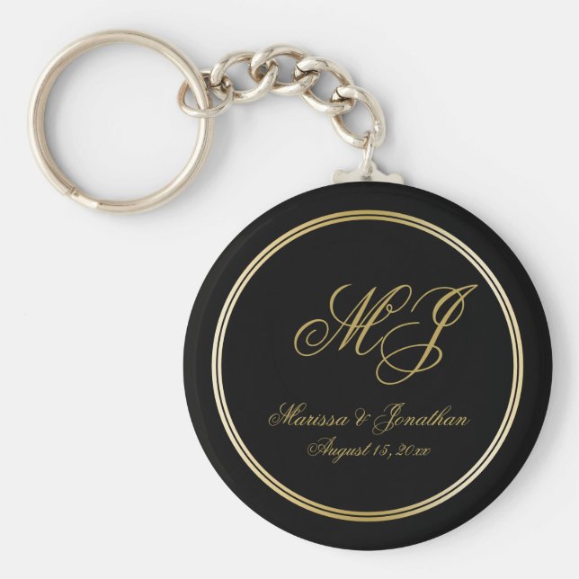 Elegant Black Guld Monogram Script Bröllop Nyckelring (Framsidan)