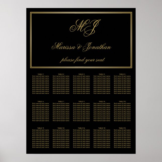 Elegant Black Guld Monogram Script Bröllop-säten Poster (Framsidan)