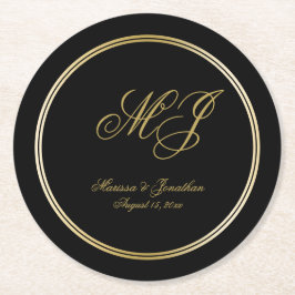 Elegant Black Guld Monogram Script Bröllop Underlägg Papper Rund