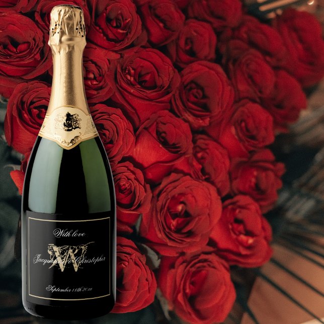 Elegant Black & Guld Monogram Script Chic Bröllop (For an Elegant Wedding: Gold on Black Monogram, Chic Script Sparkling Wine Label.)