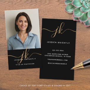 Elegant Black Guld Monogram Script Initialer Photo Visitkort