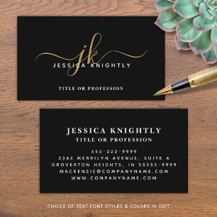 Elegant Black Guld Monogram Script Initialer Visitkort