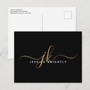 Elegant Black Guld Monogram Script Initialer Vykort