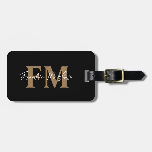 Elegant Black Guld Monogram Script Namn Snyggt Bagagebricka (Horisontell Framsida)