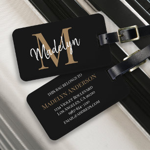 Elegant Black Guld Monogram Script Namn Snyggt Bagagebricka