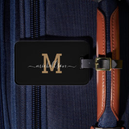 Elegant Black Guld Monogram Script Namn Snyggt Lu Bagagebricka