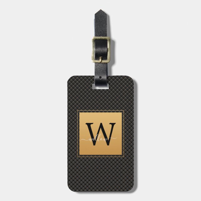 Elegant Black Guld Monogram Script Snyggt Travel Bagagebricka (Vertikal Framsida)