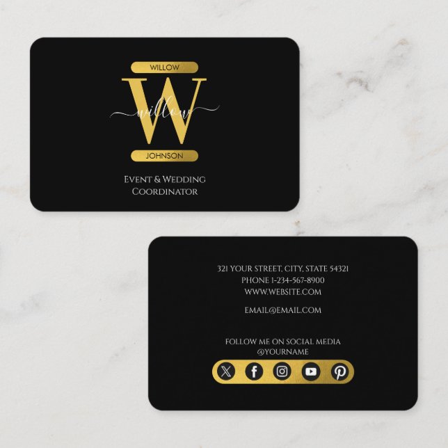 Elegant Black & Guld Monogram Social Media Icons Visitkort (Fram/baksida)