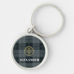 Elegant Black Guld Monogram Tartan Play Rund Silverfärgad Nyckelring