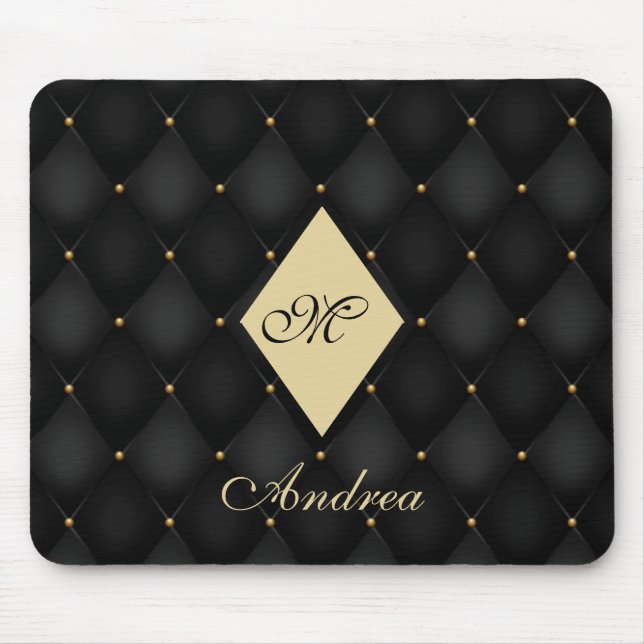 Elegant Black Guld Monogram Tuftad Musmatta (Framsidan)