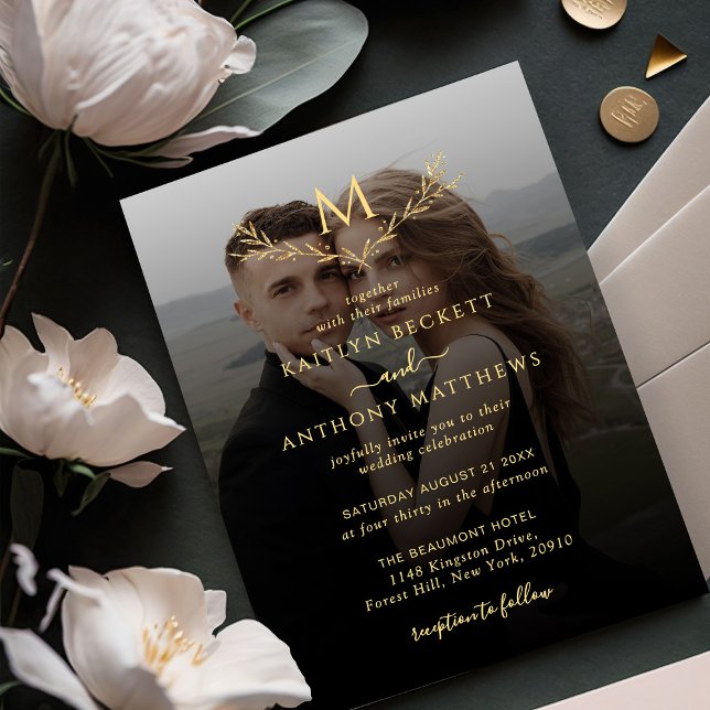Elegant Black & Guld Monogram Utandning Foto Bröll Inbjudningar (Skapare uppladdad)