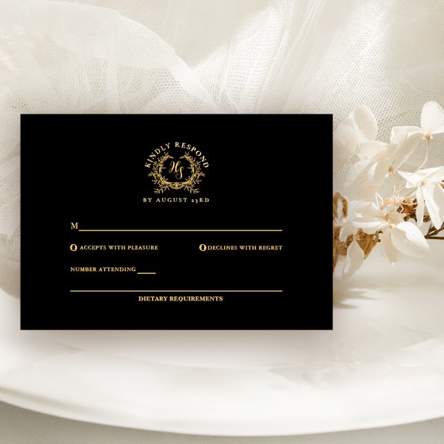 Elegant Black/Guld Monogram Vapensköld Bröllop OSA Kort (Skapare uppladdad)
