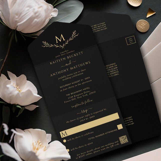 Elegant Black & Guld Monogram WAN Bröllop (Skapare uppladdad)