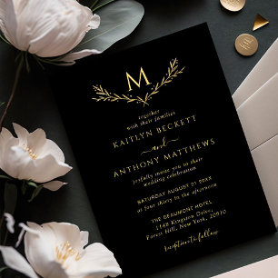 Elegant Black & Guld Monogram WAN Bröllop Inbjudningar