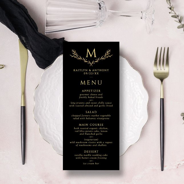 Elegant Black & Guld Monogram WAN Bröllop Menu Reklamkort (Skapare uppladdad)