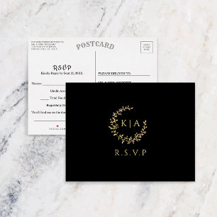 Elegant Black & Guld Monogram WAN Bröllop OSA Inbjudan Vykort