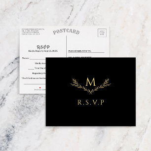 Elegant Black & Guld Monogram WAN Bröllop OSA Inbjudan Vykort