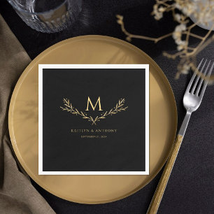 Elegant Black & Guld Monogram WAN Bröllop Pappersservett