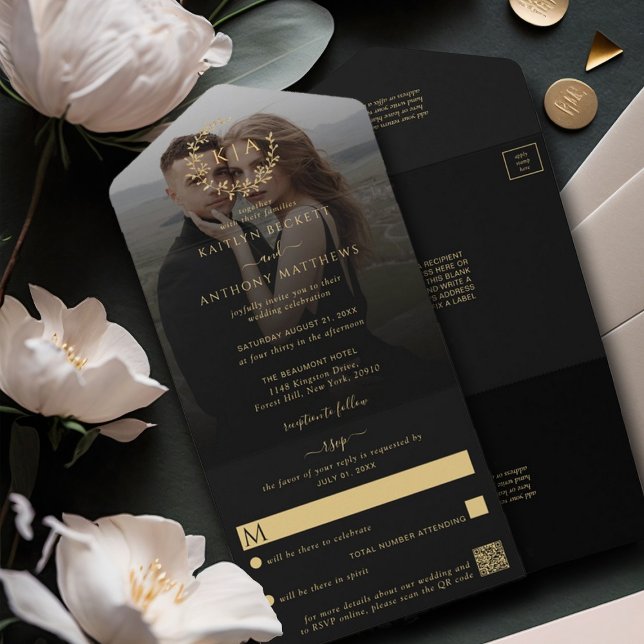 Elegant Black & Guld Monogram WAN Bröllop Photo (Skapare uppladdad)