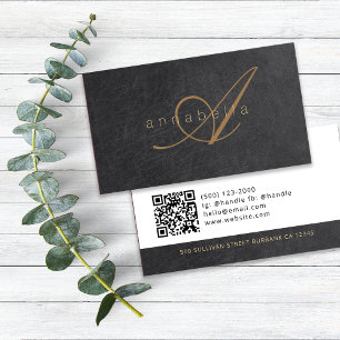 Elegant Black Guld Monogrammed Luxe Leather Visitkort