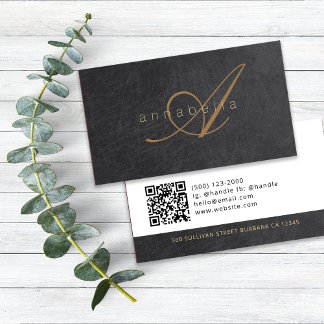 Elegant Black Guld Monogrammed Luxe Leather Visitkort