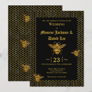 Elegant Black Guld mousserande Bee Beehive Bröllop Inbjudningar