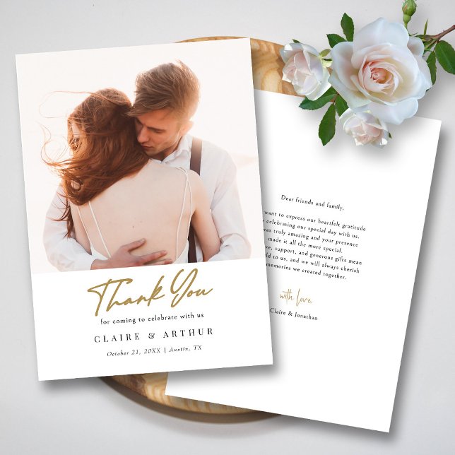 Elegant Black & Guld Namnteckning Bröllop Photo Tack Kort (Elegant Black & Gold Signature Wedding Photo  Thank You Card)