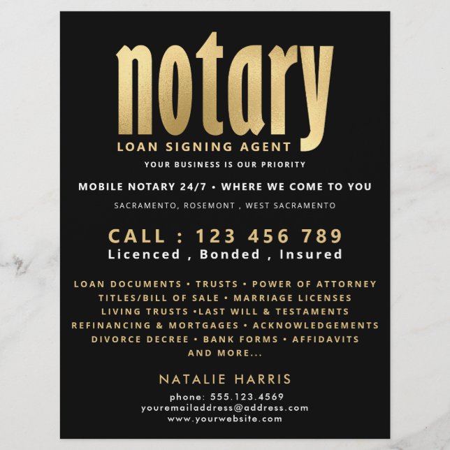 Elegant Black & Guld Notary Loan Agent Reklamblad (Framsidan)