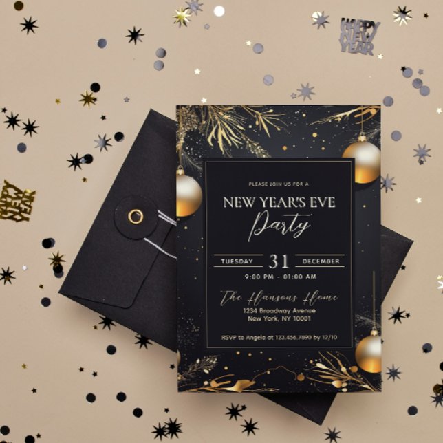 Elegant Black & Guld Nyårsafton Party Inbjudningar (Skapare uppladdad)