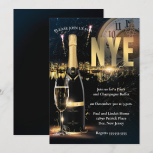 Elegant Black & Guld Nyårsafton Party Inbjudningar