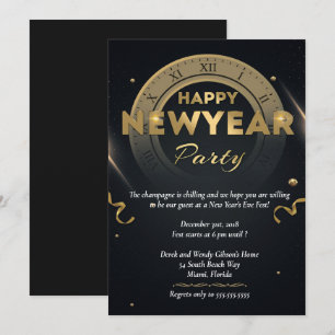 Elegant Black & Guld Nyårsafton Party Inbjudningar