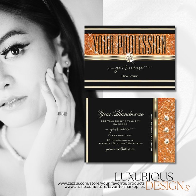 Elegant Black Guld Orange Gnistra  Glitter Diamond Visitkort (Skapare uppladdad)