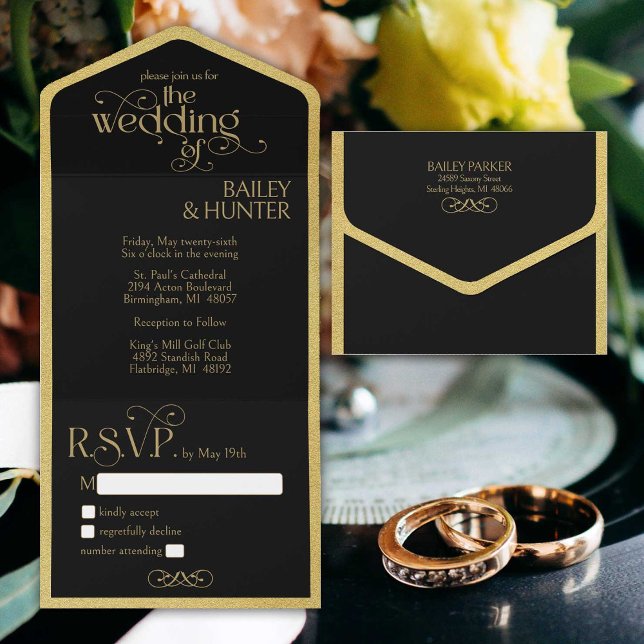 Elegant Black Guld Ornate Typography Bröllop (Elegant black and gold all-in-one tri-fold wedding invitation accented with fancy typography.)