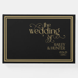 Elegant Black Guld Ornate Typography Bröllop Gästböcker