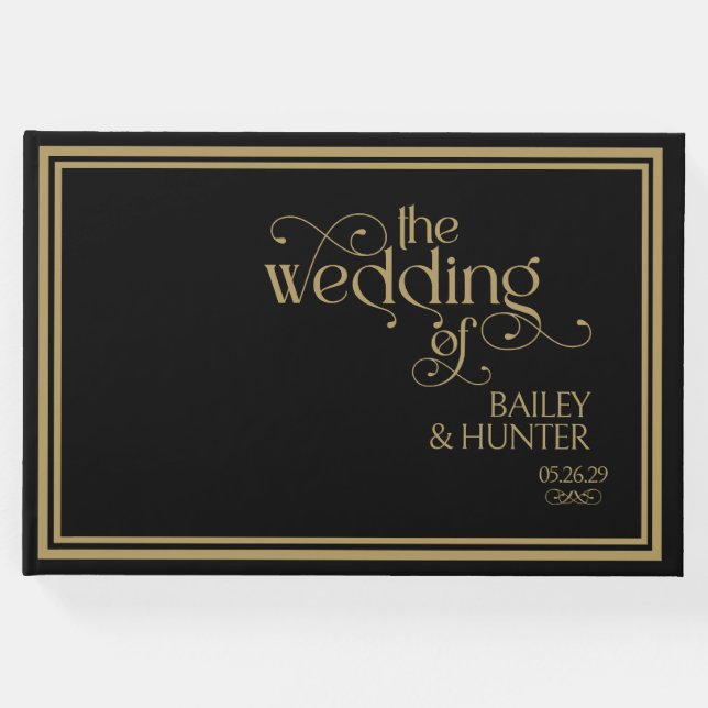 Elegant Black Guld Ornate Typography Bröllop Gästböcker (Framsida)