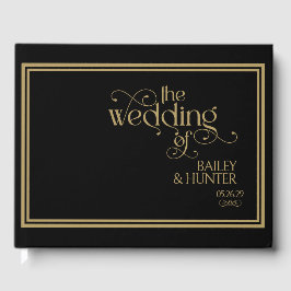 Elegant Black Guld Ornate Typography Bröllop Gästböcker
