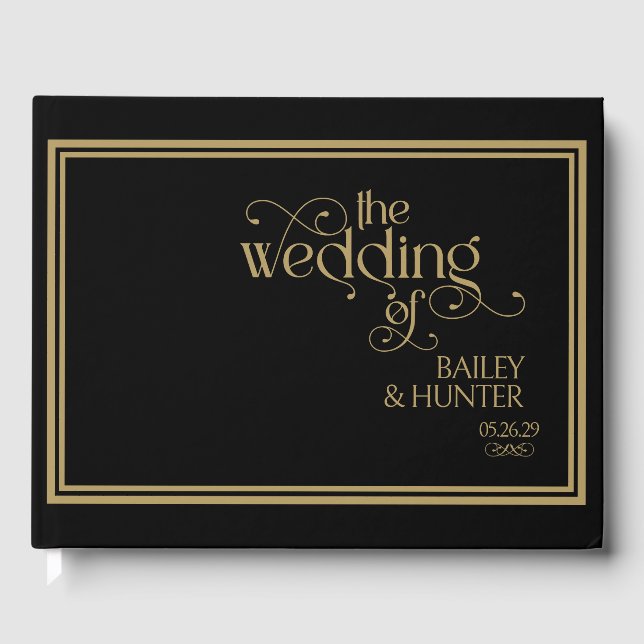 Elegant Black Guld Ornate Typography Bröllop Gästböcker (Framsida)