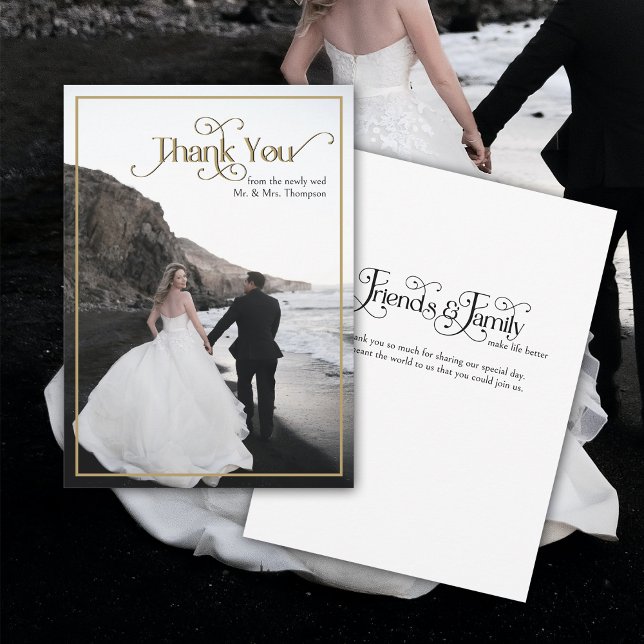 Elegant Black Guld Ornate Typography Bröllop Tack Kort (A beautiful way to thank your guests for sharing your special day.  Flat thank you card with photo.)