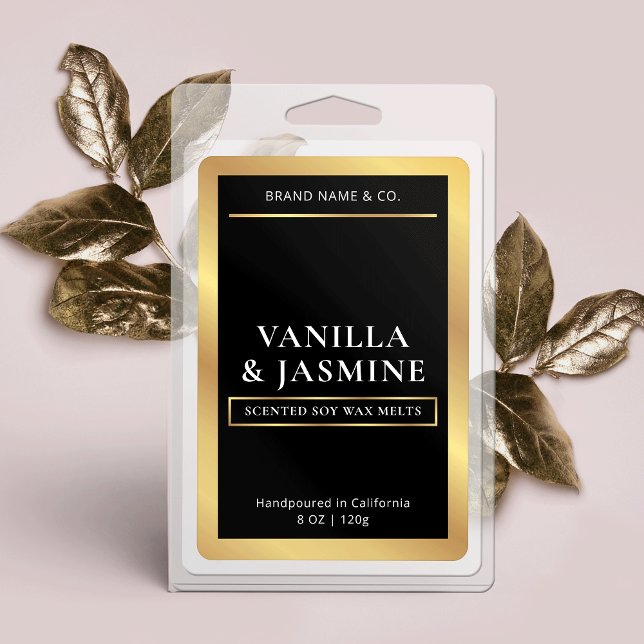 Elegant Black & Guld Packaging Vax Melts Label Mat Etikett (Elegant black and gold wax melts rectangle labels with gold foil effects)