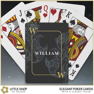 Elegant Black Guld Paisley Monogram Initial Namn Casinokort