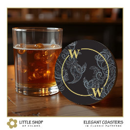 Elegant Black Guld Paisley Monogram Underlägg Papper Rund