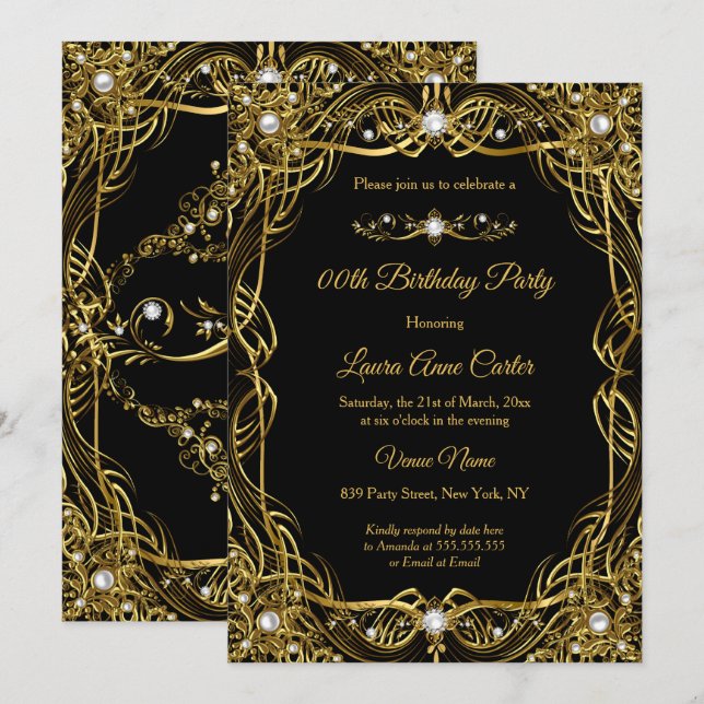 Elegant Black Guld Pearl Damask Birthday Inbjudningar (Fram/baksida)